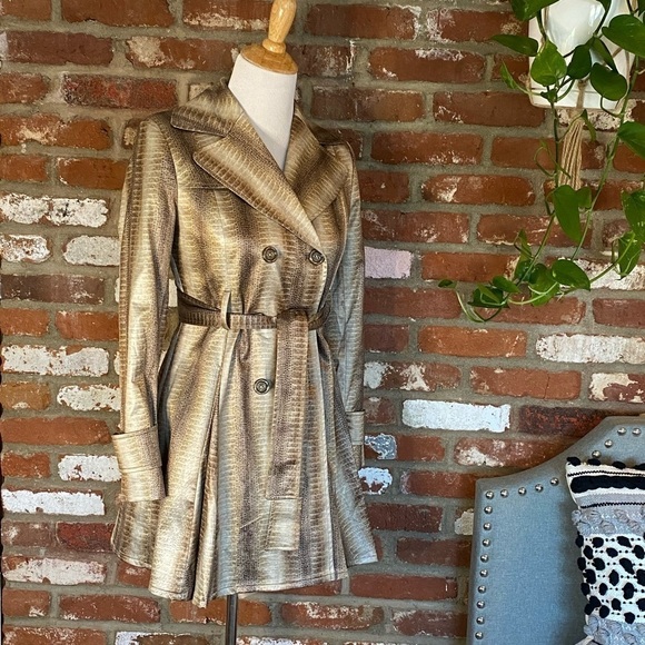 Helene Berman Python Print Tan Trench Coat Anthropologie size XS - Picture 2 of 11